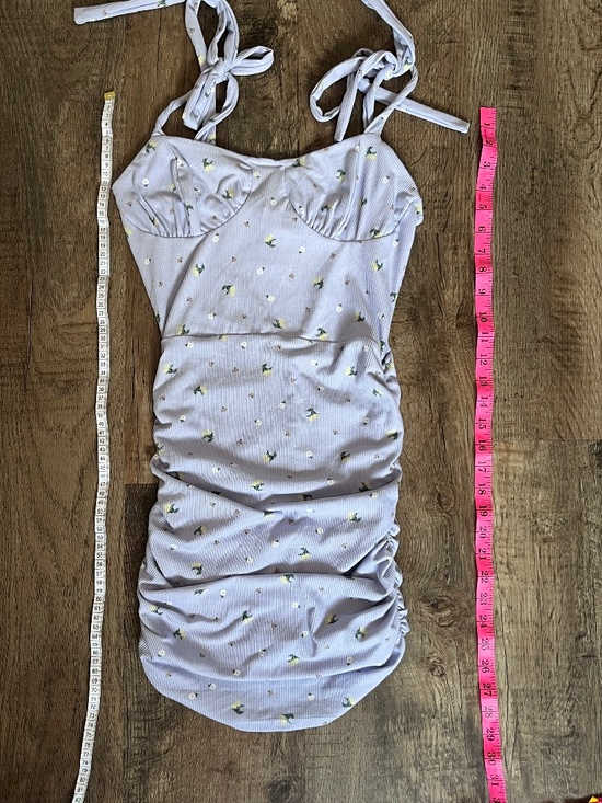 Periwinkle Floral Ruched Mini Dress w/ Tie Straps (Never Worn) - Picture 4 of 5